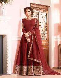 Poly Silk Machine Work Maroon Long Suits