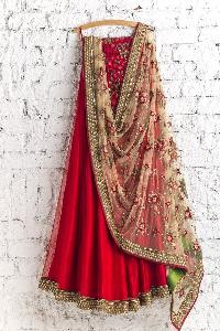 Poly Silk Red Embroidered Lehenga Choli