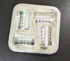 Silver Coated Tray with Four Glass