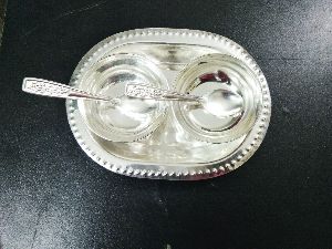 Silver Coated Two Flower Wati Spoon With Tray