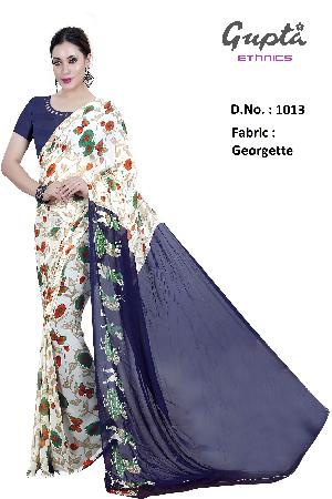 1013 Womens Navy Blue Georgette Floral Print Saree