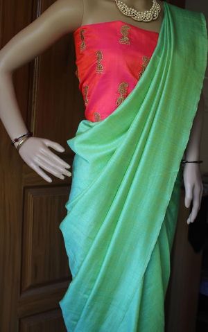 Semi raw silk sarees with printed soft silk blouse