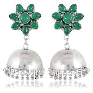 Green & Silver Brass Jhumki Earrings