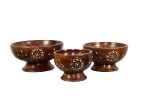 ARZ Wooden Designer Bowls Handcrafted with rare Inlay Art - Set of 3