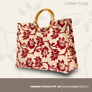 Cane Handle Floral Printed Jute Bag