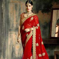 Glossy Red Georgette On Net Designer Saree