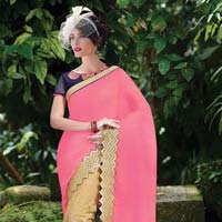 Miraculous Pink Crushed Silk On Net Saree
