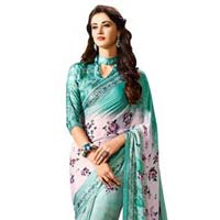 Modest Sea Green Satin Silk Designer Saree
