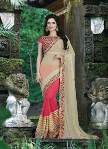 Topnotch Beige Lycra Net Designer Saree