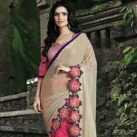 Whimsical Beige Lycra Net Designer Saree