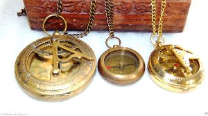 3 pcs. sundial compass stylish pendant with fancy wooden box