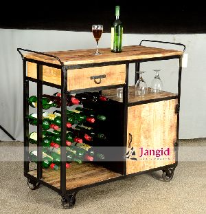 Iron and Wooden Wine Trolley Rack