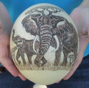 Elephant Scrimshaw Ostrich Egg