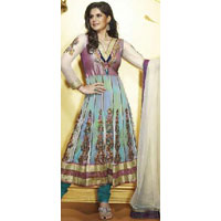 Cream Net Churidar Kameez with Dupatta