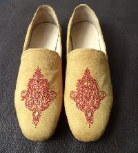 Mens Handmade Beige Faux Suede Embroidered Loafers Shoes