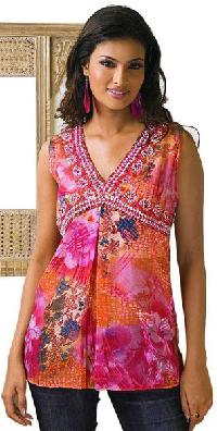 Ladies Sleeveless Cotton Tops, Pattern : Printed, Color : Pink at