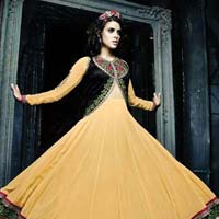 Fancy Look Yellow Color Semi Stitched Suit