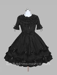 Lolita Plain Black Cotton Doll Collar Ruffles Bow Short Sleeves Sweet