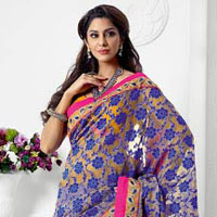 Attractive Orange Royal Blue Yellow Embroidered Saree