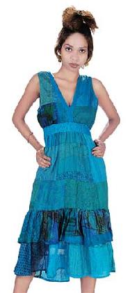 Vintage Silk Sari V Neck Patch Dress LEC-27B
