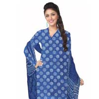 Kcsk130 - Dabu Printed Salwar Kameez / Cotton Churidar Materials with Chiffon Dupatta - Blue