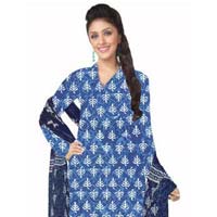 KCSK148 - Dabu Printed Salwar Kameez / Cotton Churidar Materials with Chiffon Dupatta - Blue