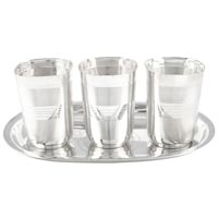 Gsm Silver Plated Square Glow Finish Glass Set with Oval Tray 4 Pcs. ( 17cmx26cmx10cm)