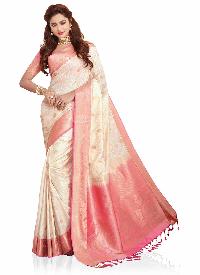 Cream and Pink Woven Art Silk Traditional Saree