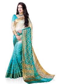 Beige and Turquoise Blue Colour Art Silk Woven Saree
