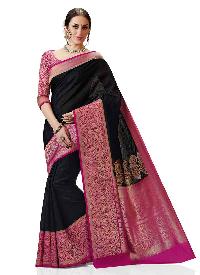 Meghdoot Black and Pink Colour Kanchipuram Spun Silk Woven Saree