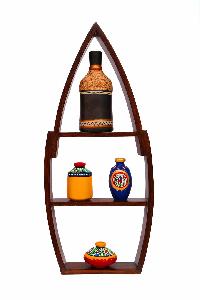 20 Inches Tall Ethnic Wooden Stand With Handcrafted Terracotta Vases