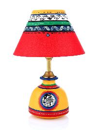 Terracotta Yellow Lamp with Red Shade