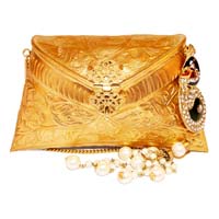 Embossed Gold Clutch Bag with Peacock Pearl Drop Tassel