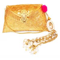 Embossed Gold Clutch Bag with Pearl Bead Tassel