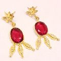 Red Color Glass Stud 22 Ct Oval Shape Beautiful Vintage Statement Earring