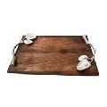 Wooden Pizza Serving Tray With Silver Leaves Handle