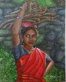 RamyaSadasivams Art Gallery girl carrying woodlog oil painting