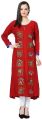 Embroidered A-line Rayon Red Kurti
