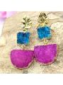 Eletcroplated Sky Blue Pink Natural Druzy With Leaf Top Earring