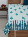 Blue-Green-White Cotton Hand-Block Printed Single Bed Cover MYBC2630