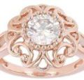 White Round Moissanite Art Deco Anniversary Ring Rose Gold Over Silver