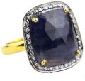 Blue Sapphire With CZ Fancy Shape Gold Plated over 925 Sterling Silver Ring