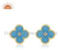 CZ Turquoise Gold Plated Silver Flower Stud Earrings Jewelry