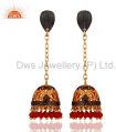 Indian Handmade Design 22k Yellow Gold Plated Red Coral Gemstone Drop Earrings