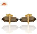 Smoky Topaz Cz Studded Pencil Post 14K Gold Plated Sterling Silver Earring