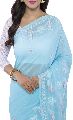 Hand Embroidered Blue Faux Georgette Lucknow Chikan Saree With Blouse