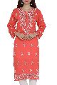 Hand Embroidered Carrot Pink Cotton Lucknow Chikan Kurti