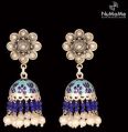 Floral Enamel Jhumki With Pearl and Blue Bead