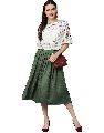 Jaipur Kurti Women Off White Green Geometric Straight Cotton Dobby Top With Skirt