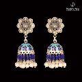 Floral Enamel Jhumki With Pearl and Blue Beads